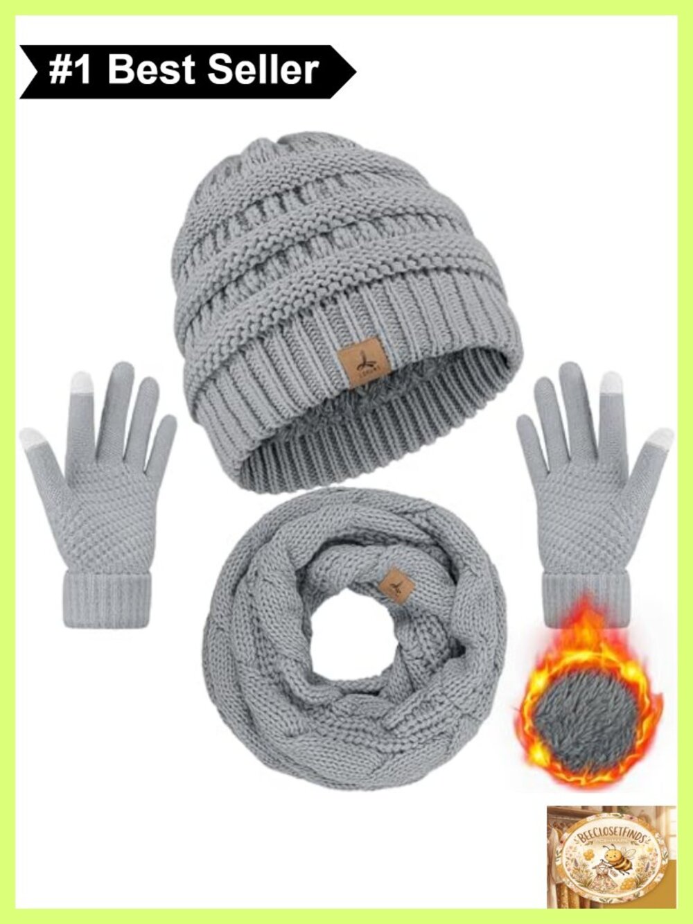 Unisex 3-Piece Winter Beanie Hat Scarf Gloves Set Acrylic Fleece Lined Touch